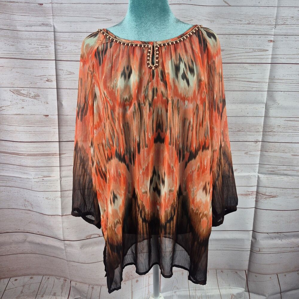 Chico's 3 Orange Brown Watercolor 3/4 Sleeve Womens Sz XL 16 Boho Hippie Beaded